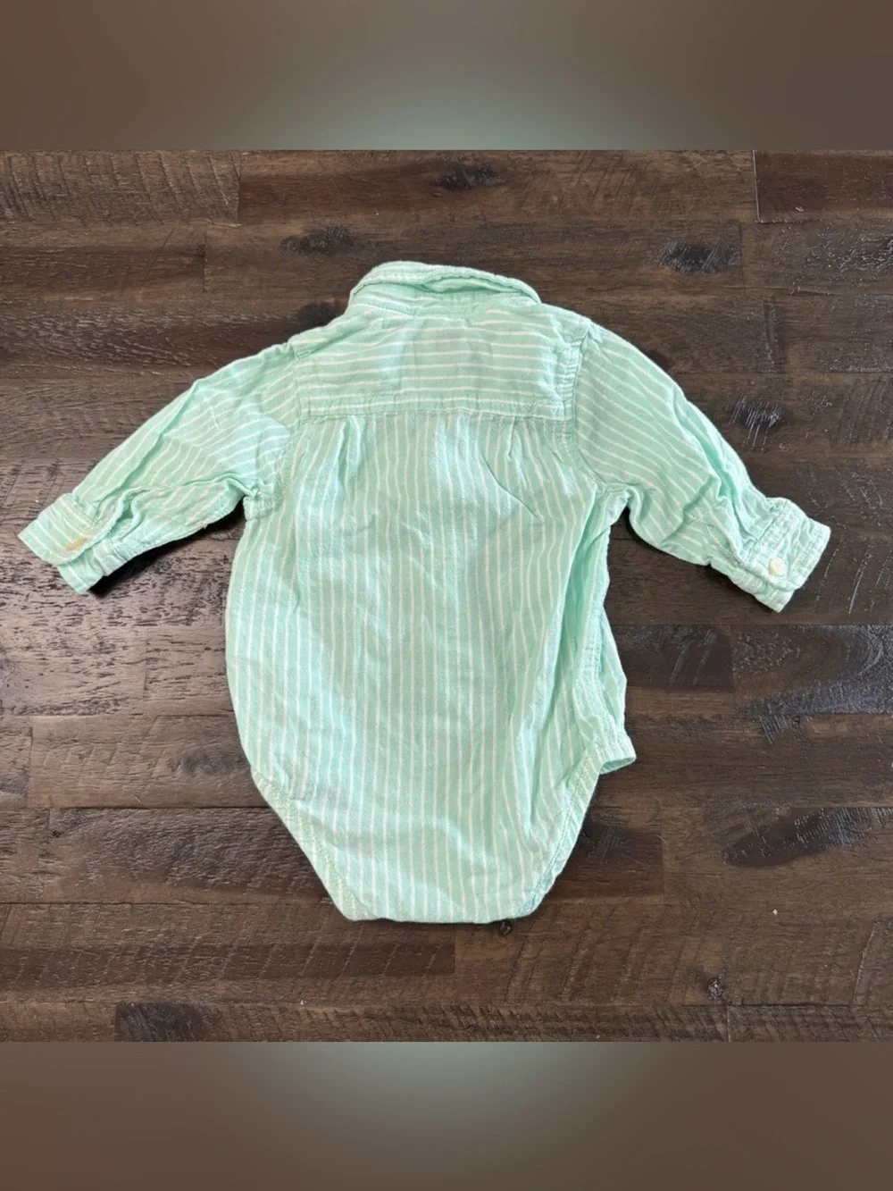 9M OshKosh B'gosh Baby Boys Mint Green White Striped Long Sleeve Button Bodysuit
